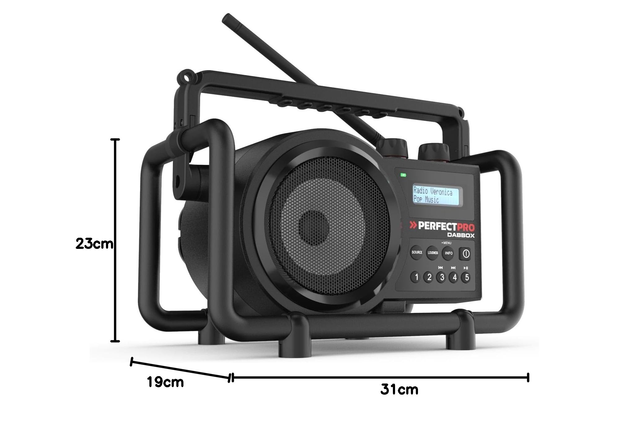 PerfectPro Radio DABBOX, Dab+ y recepción FM, Cargador de batería Integrado para batería Universal, Bluetooth, Recargable, Entrada Auxiliar, Resistente a los Golpes, IP54, DBX3