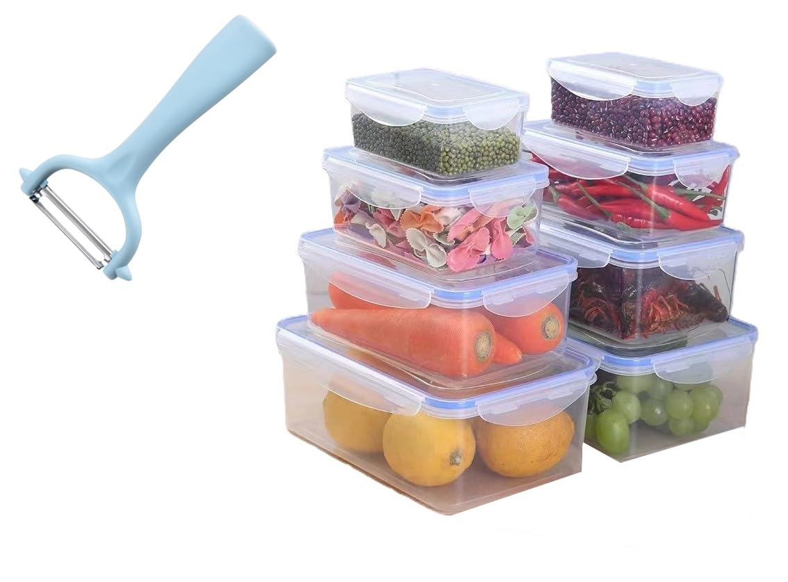 Food Storage Containers Set with Handle, 4 Pack Clear Plastic Kitchen Organization Boxes, Airtight Lids for Fruits Vegetables, + Vegetable Peeler with Ergonomic Handle, Stainless Steel Blade