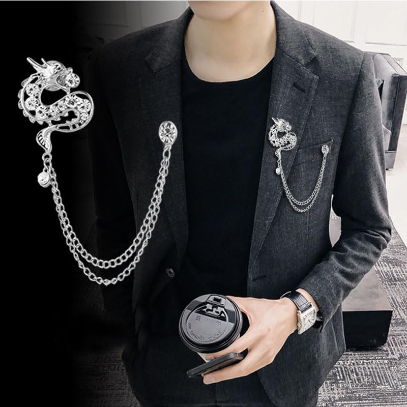 Image of coadipress Dragon With Hanging Chain Brooch Pin for Women Men Rhinestone Crystal Dragon Animal Collar Pins Suit Shirt Lapel Pin Fashion Jewelry