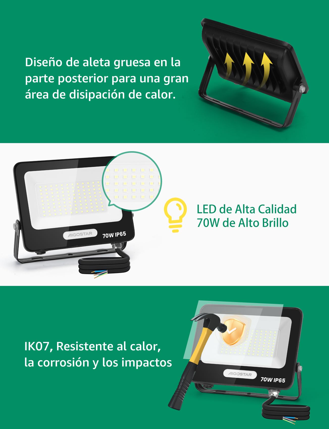 Aigostar Faretto LED da Esterno 70W 5670LM, Faretti LED Esterno Impermeabile IP65, 108 LEDS 6500K Bianca Fredda, per Giardino, Cortile, Garage, Pareti. 6 pezzi