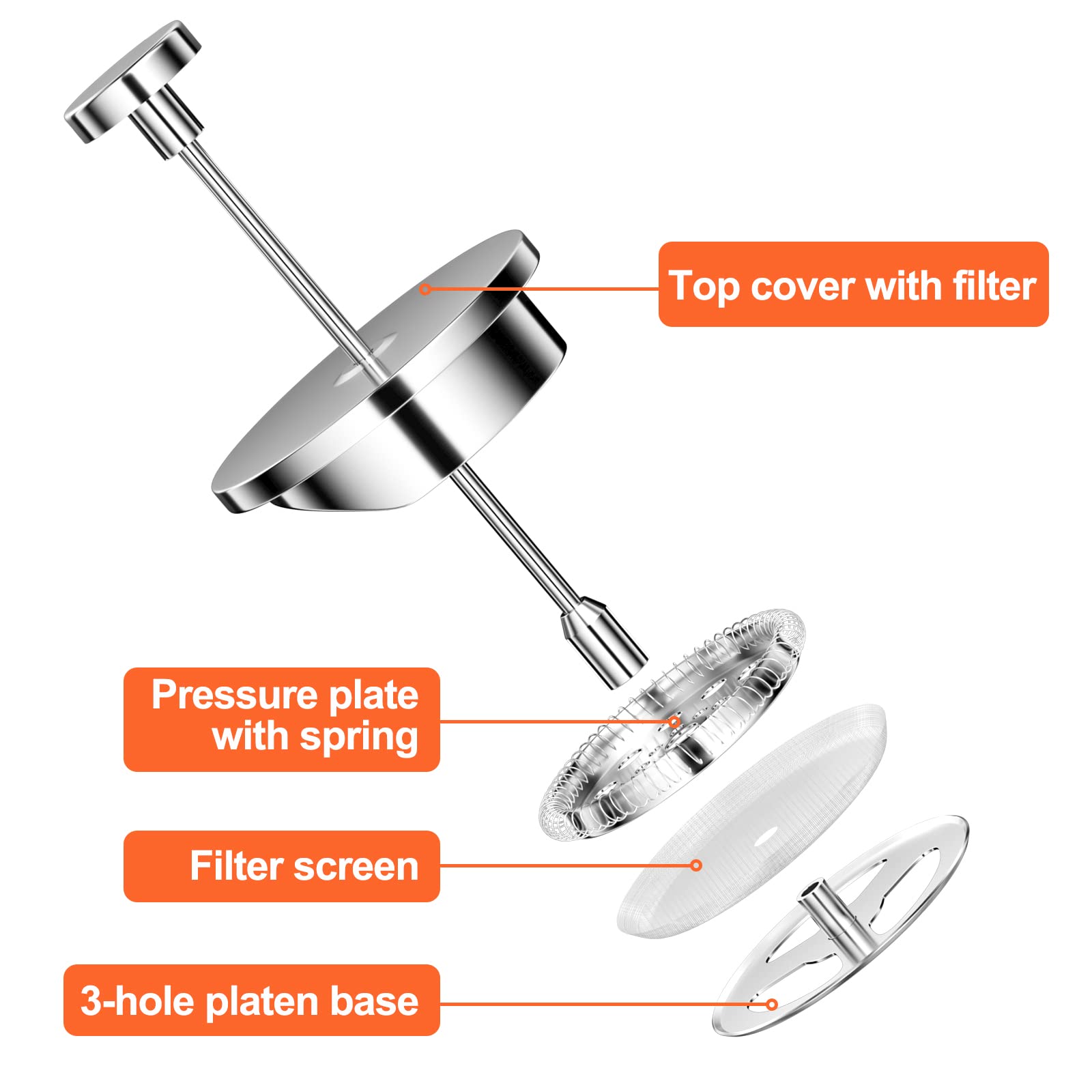 Uootach Caffettiera in acciaio inox con triplo filtro francese, 1000 ml, ideale per casa, viaggi, campeggio (argento)