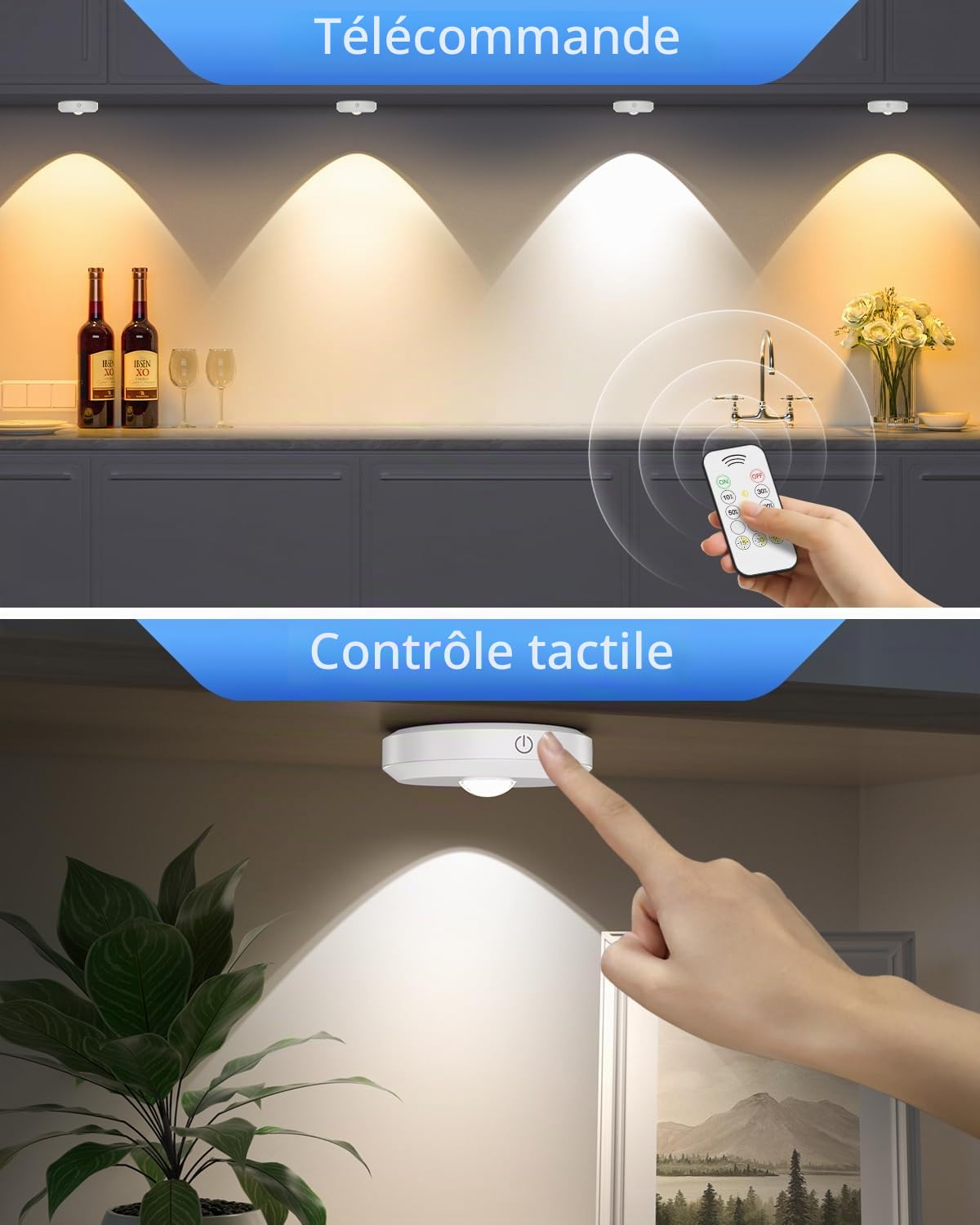 Lot de 6 palets lumineux rechargeables télécommande, 3 températures de couleur et synchronisation, lumière de robinet à intensité variable à coller sous l'armoire