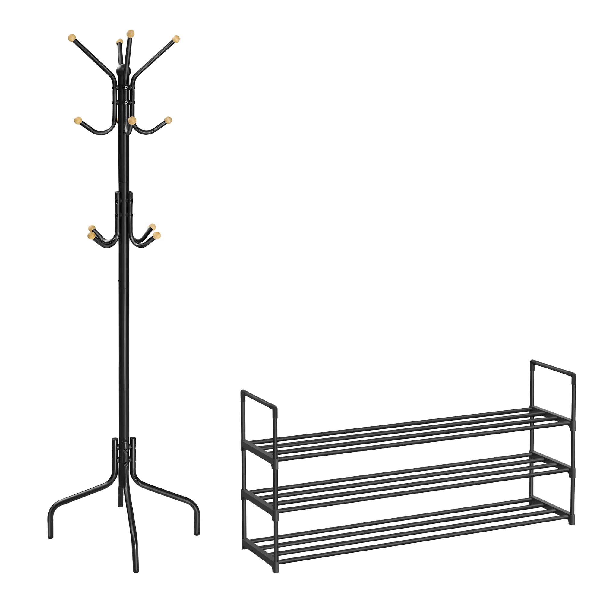 SONGMICS Shoe Rack Bundle with Coat Rack, Coat Stand with 12 Hooks and 4 Legs, Metal Shoe Storage Shelf for 18 Pairs of Shoes, Ink Black ULSA033B01 and URCR031B01
