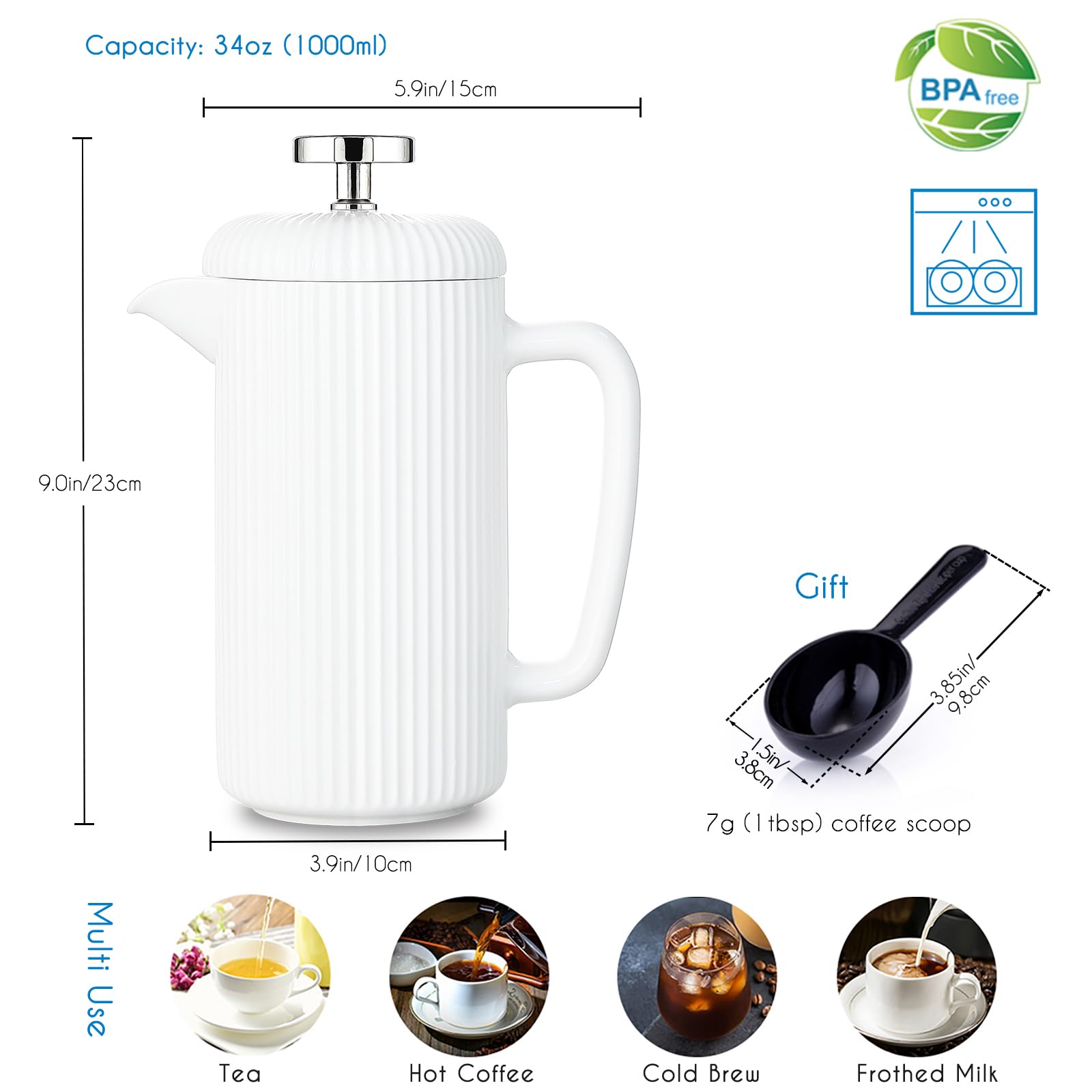 Easyworkz Porzellan-French-Press, 1000ml, Kaffeemaschine mit Edelstahl-Kolben, Elfenbein