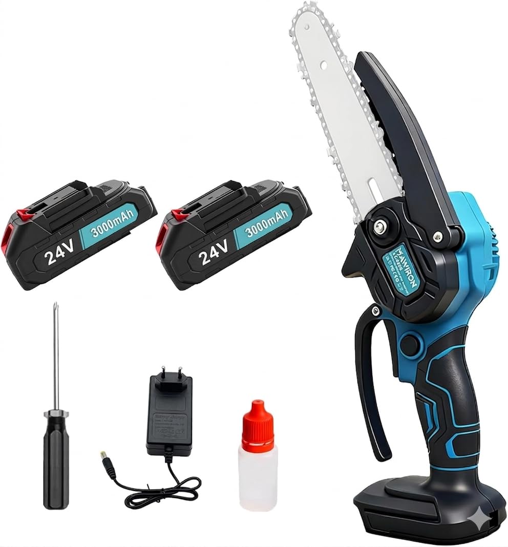 MS2 Motosega elettrico a Batteria portatile Ricaricabile, Potatore alberi e da giardino, Mini Motosega 6 Pollici senza fili Lama 15cm con doppia batteria da 24V
