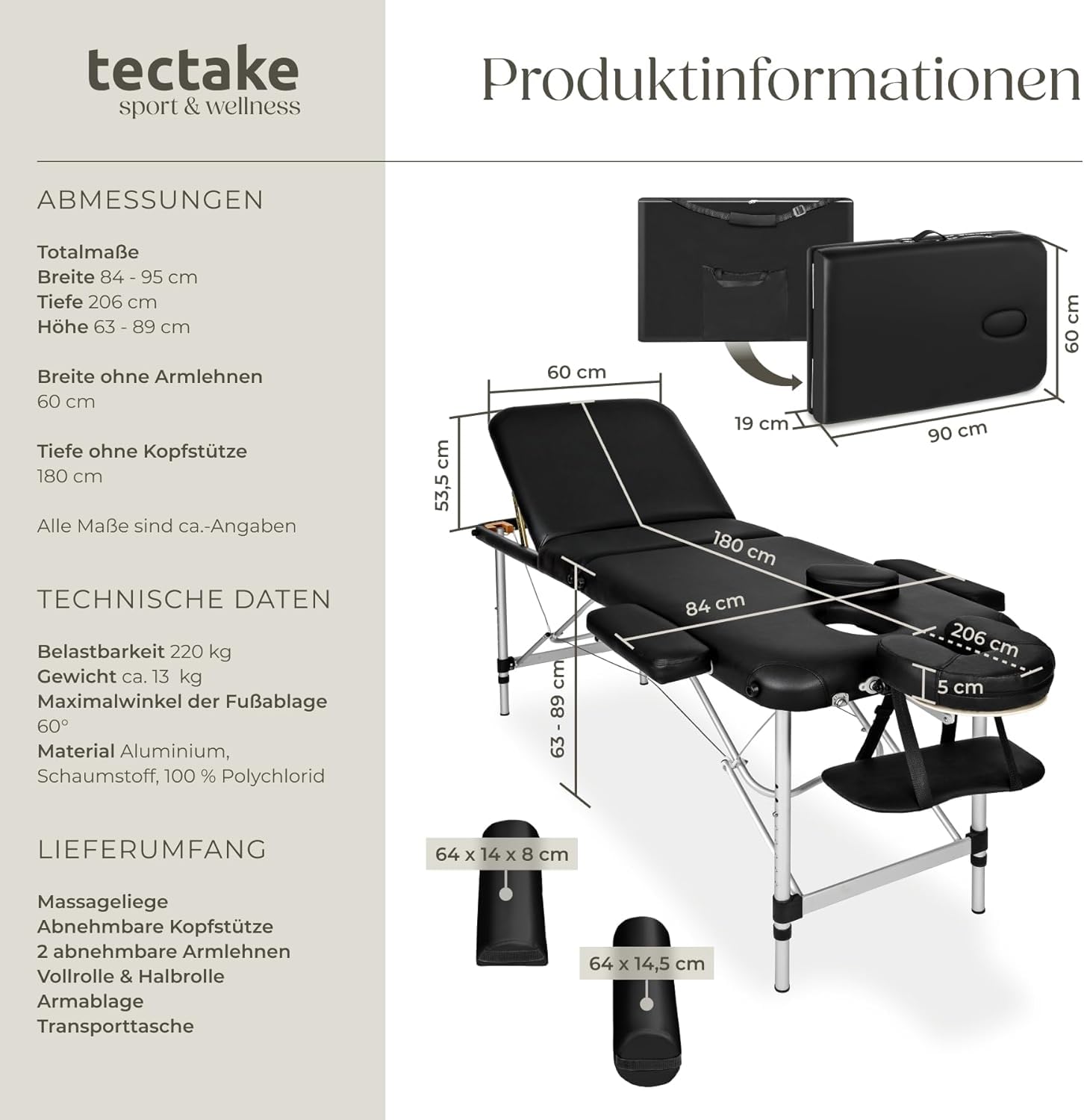 tectake® Massageliege, klappbar, höhenverstellbar, Massagetisch mit 3 Zonen, Massagebank, Kosmetikliege inkl. Zubehör Tasche, Voll- und Halbrolle, Möbel für Kosmetik, Massage, Tattoo - schwarz
