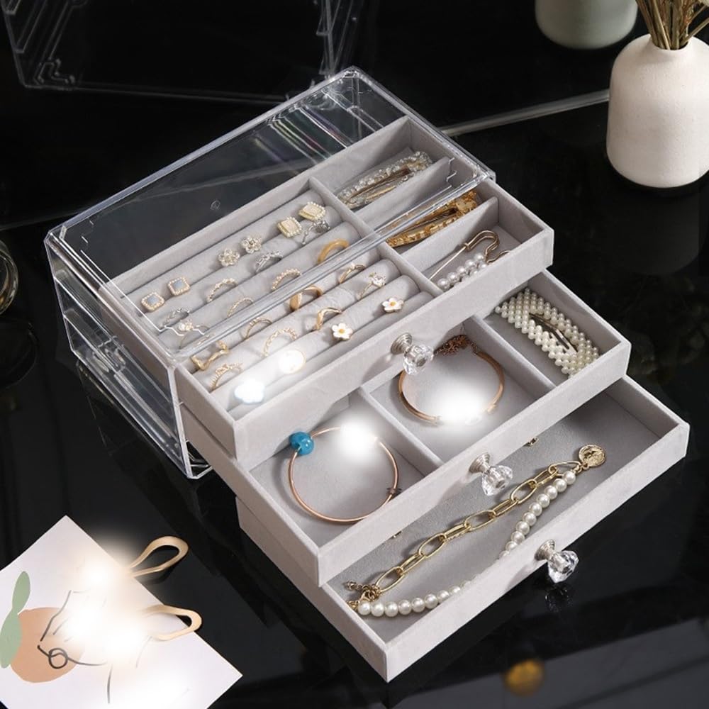 Schmuckaufbewahrung Klare Acryl-Schmuckschatulle mit Schubladen, Ohrringe, Ringe, Kosmetik-Organizer Schmuckhalter(Grigio)