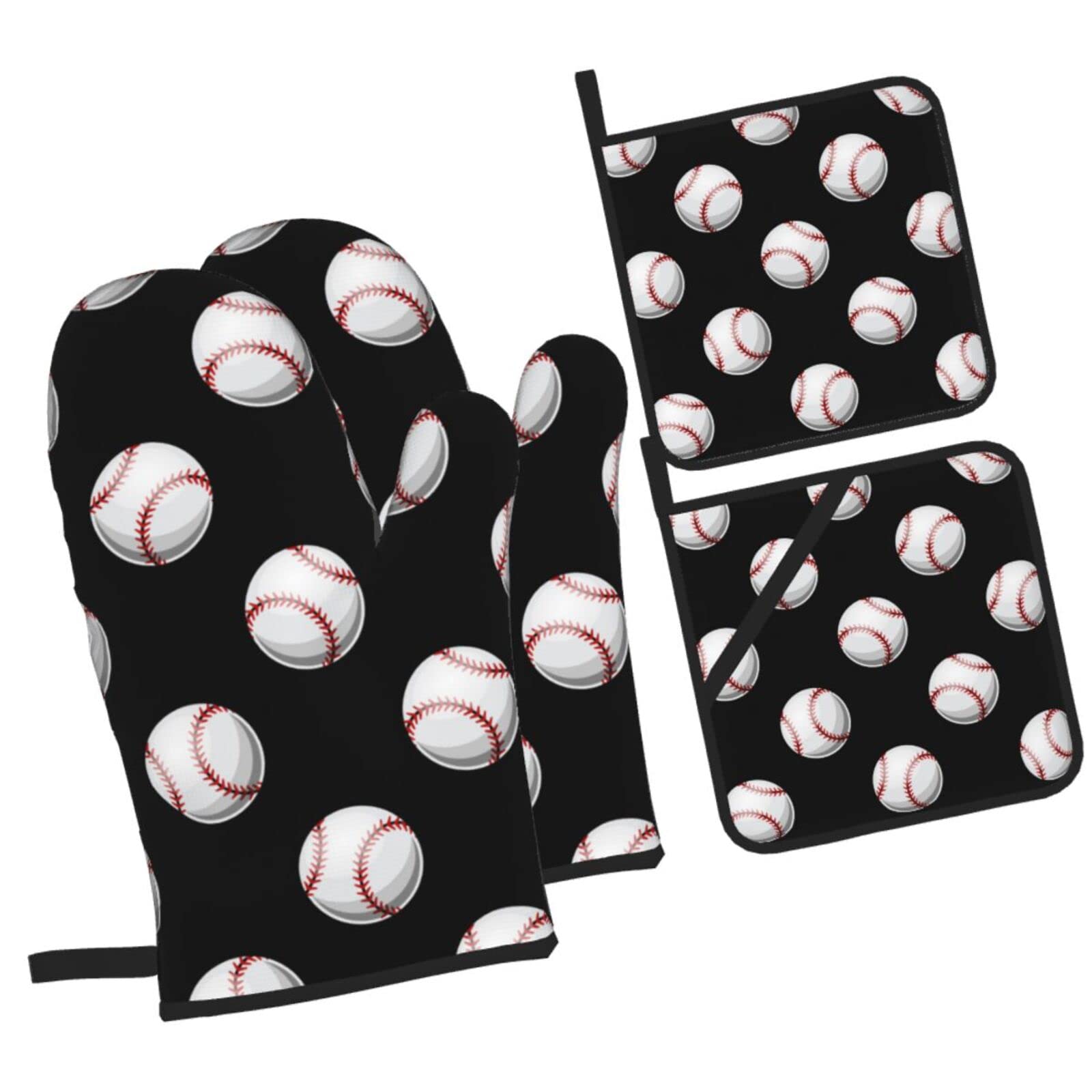 Baseball Softball Graphic Pattern Oven Mitts and Pot Holders Sets, Christmas Oven Mitt Kitchen Heat Resistant Non-Slip Pot Holders Set for Cooking Baking BBQ