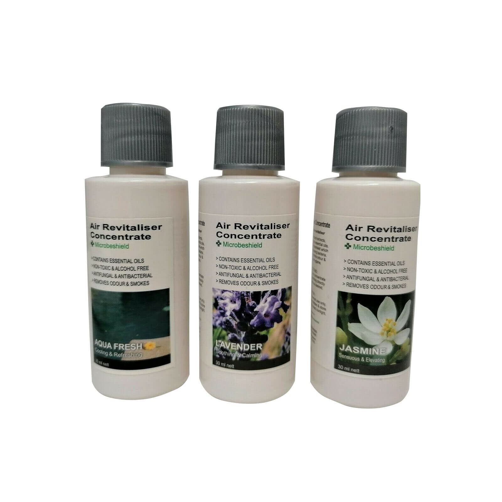 3 pack Air Revitalize Concentrated Microbe Shield Oils to use with Aironic® Air Purifier Ioniser essences: Jasmine, Aqua Fresh & Lavender 30ml creates a fresh & clean mood relaxing ambient atmosphere