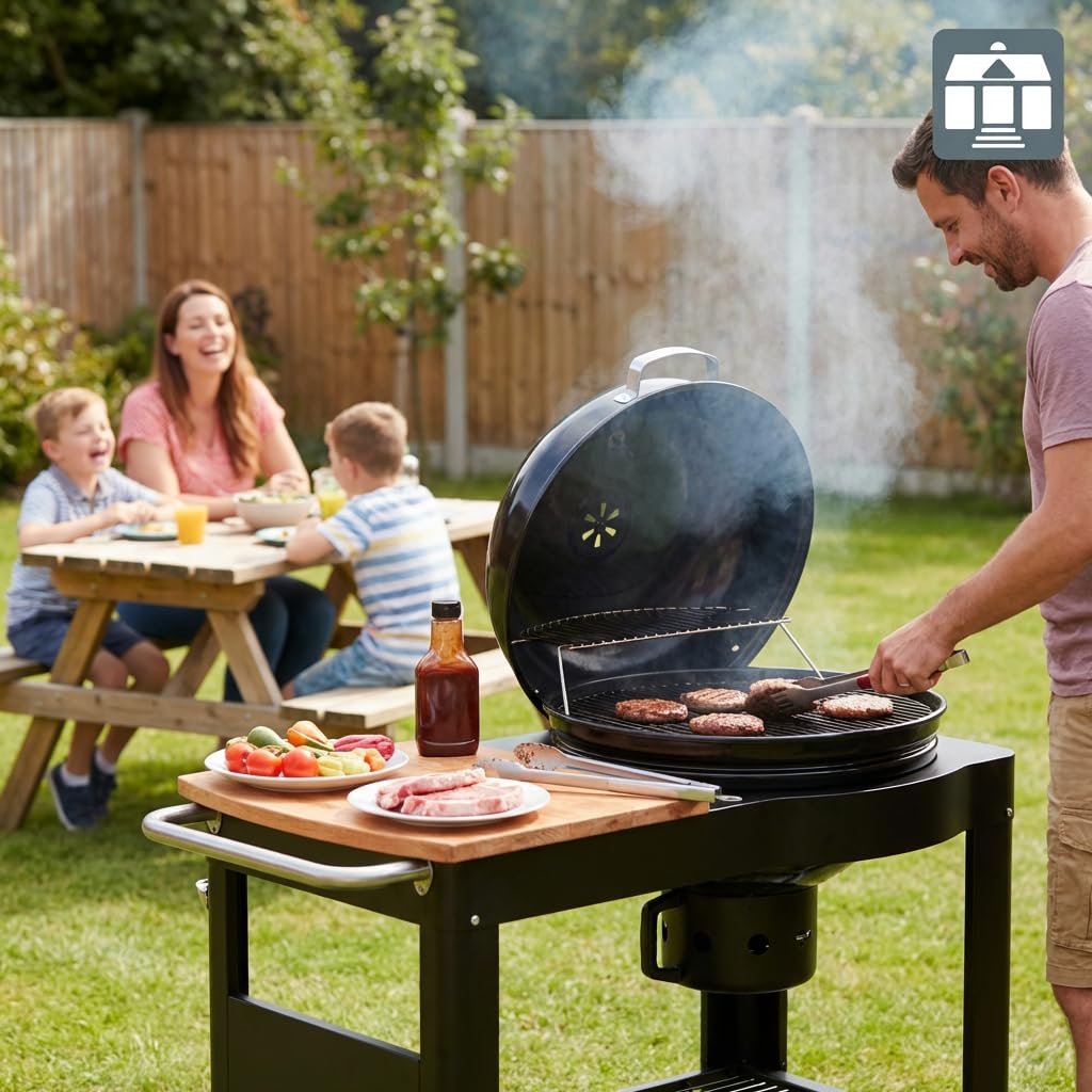 Tarrington House Barbecue au Charbon de Bois Calgary, Acier/Bois, Couvercle avec Thermomètre, Tablette latérale, Étagère Inférieure, 2 Roues, Noir