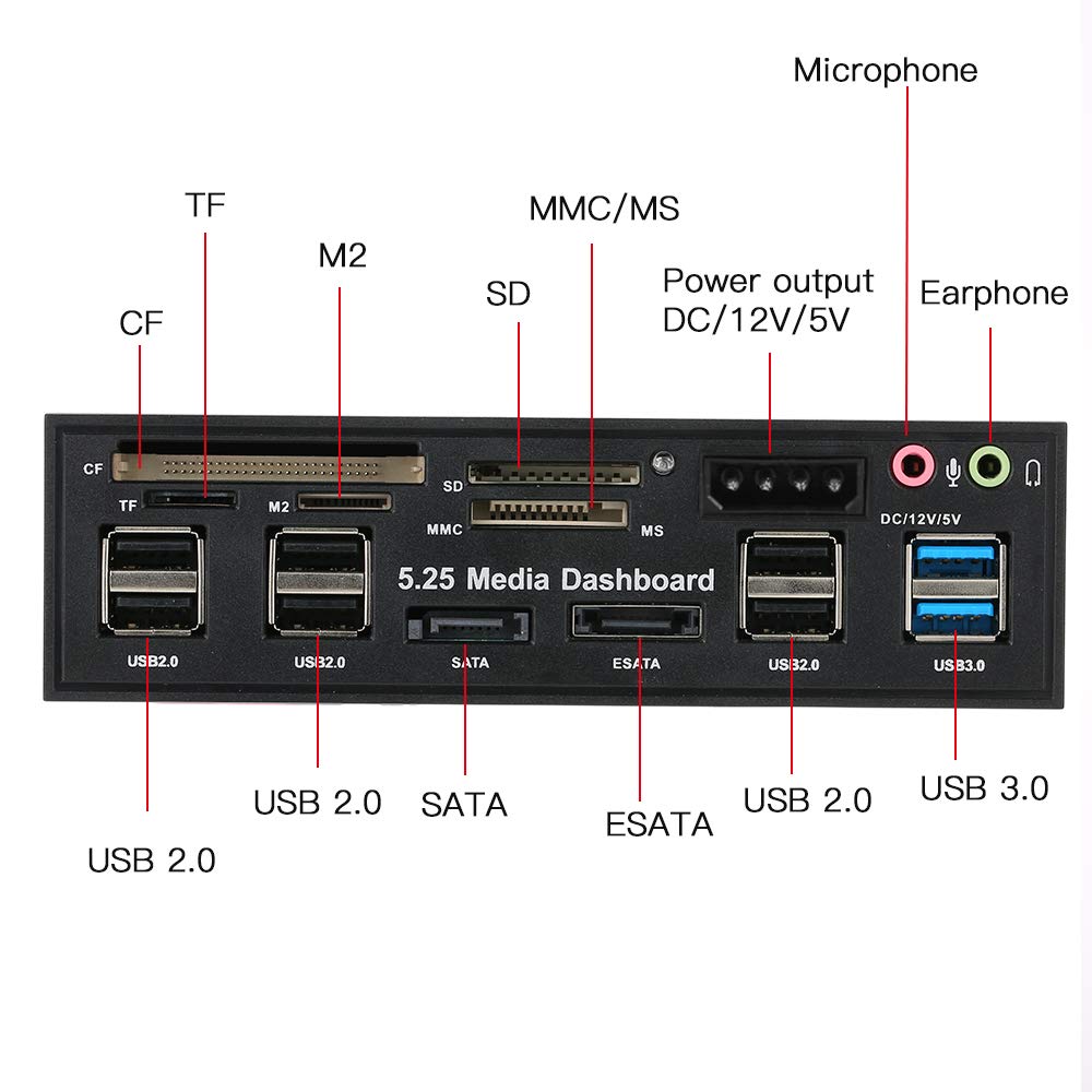 ACAGALA Multifunktions-USB 3.0 Hub eSATA SATA Port Interner Kartenleser PC Armaturenbrett Medien Vorderseite Audio für SD MS CF TF M2 MMC Speicherkarten Passend für 5,25 Zoll Bay