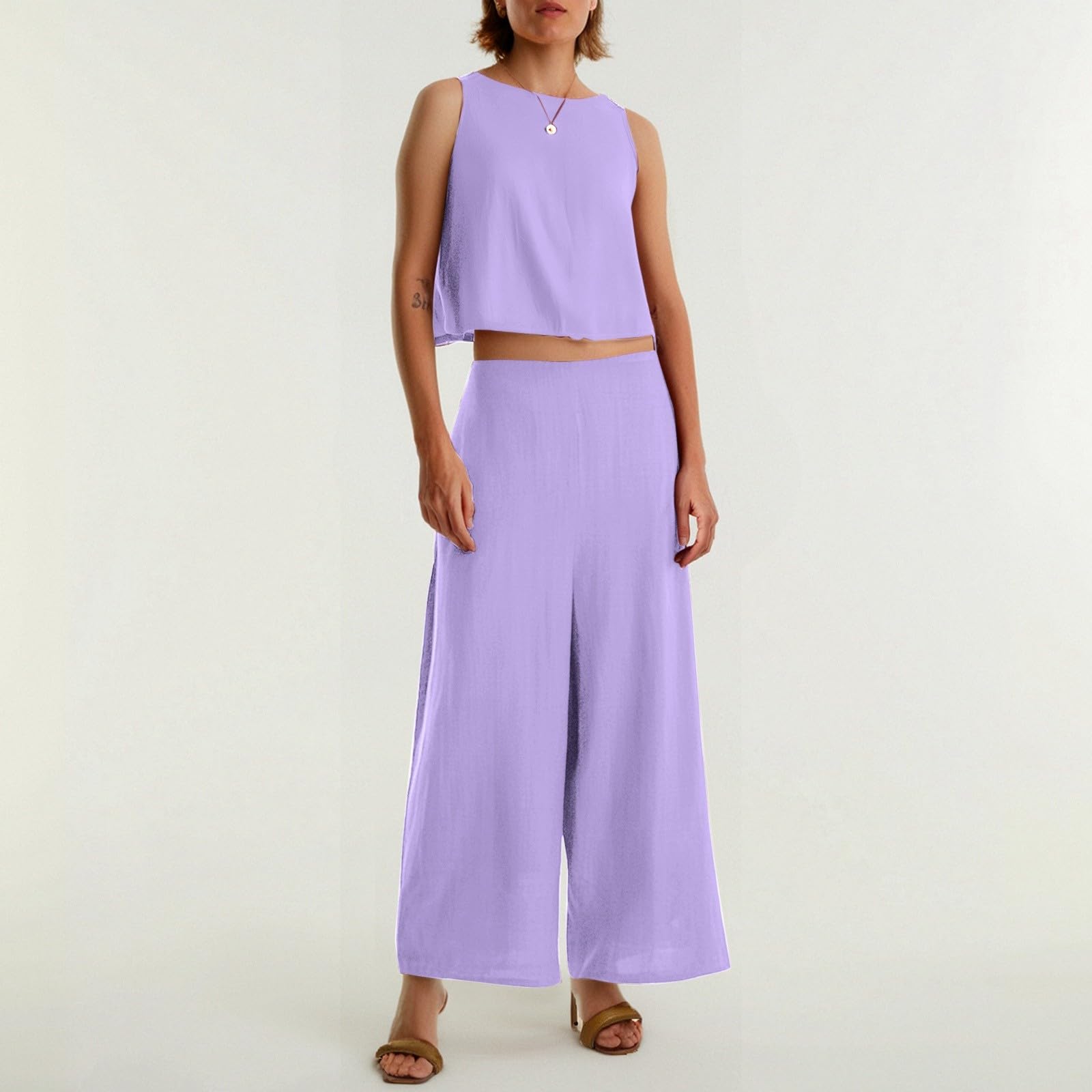 Damen Zweiteiler Sommer Musselin Hosenanzüge Elegant Tank Top Und Hose Leinen Baumwolle Freizeitanzug Casual Leicht Anzug Ärmelloses Einfarbig Loungewear, S-4Xl