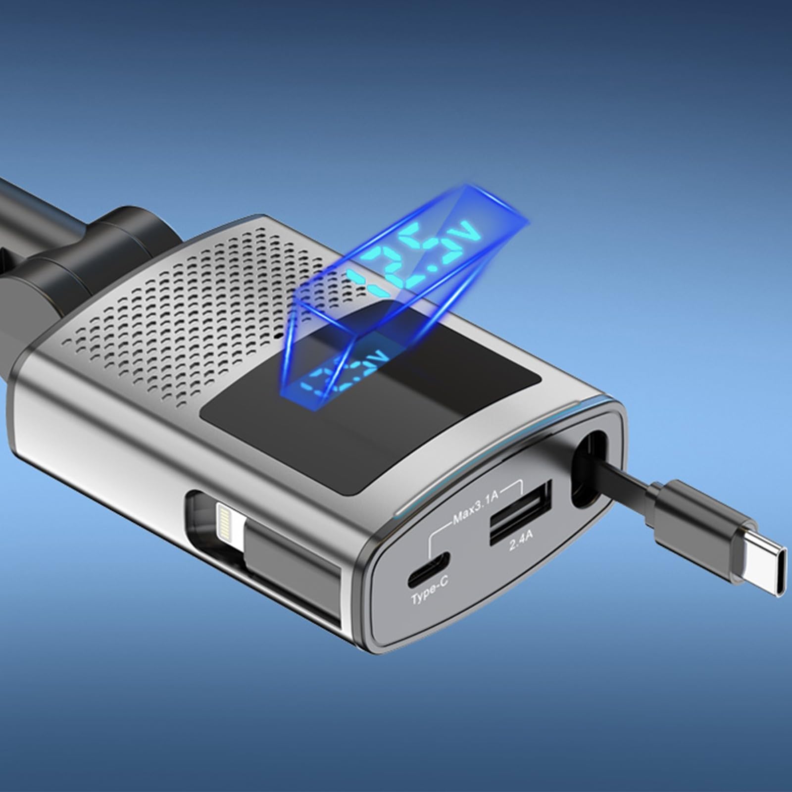 Caricabatterie da auto retrattile da 65 W 3 in 1 USB C Ricarica rapida Protezione di ricarica intelligente ABS per tutti i telefoni e sistemi operativi Telefoni Display elettrico Caricatore