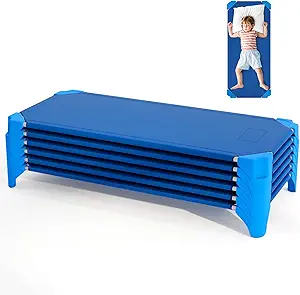 Giantex Stackable Daycare Cots for Sleeping, 53" L x 24" W Portable Nap Cots for Kids and Toddlers w/Easy Lift Corners, Space-Saving Toddler Bed for Preschool Classroom Pet Daycare, Pack of 6, Blue