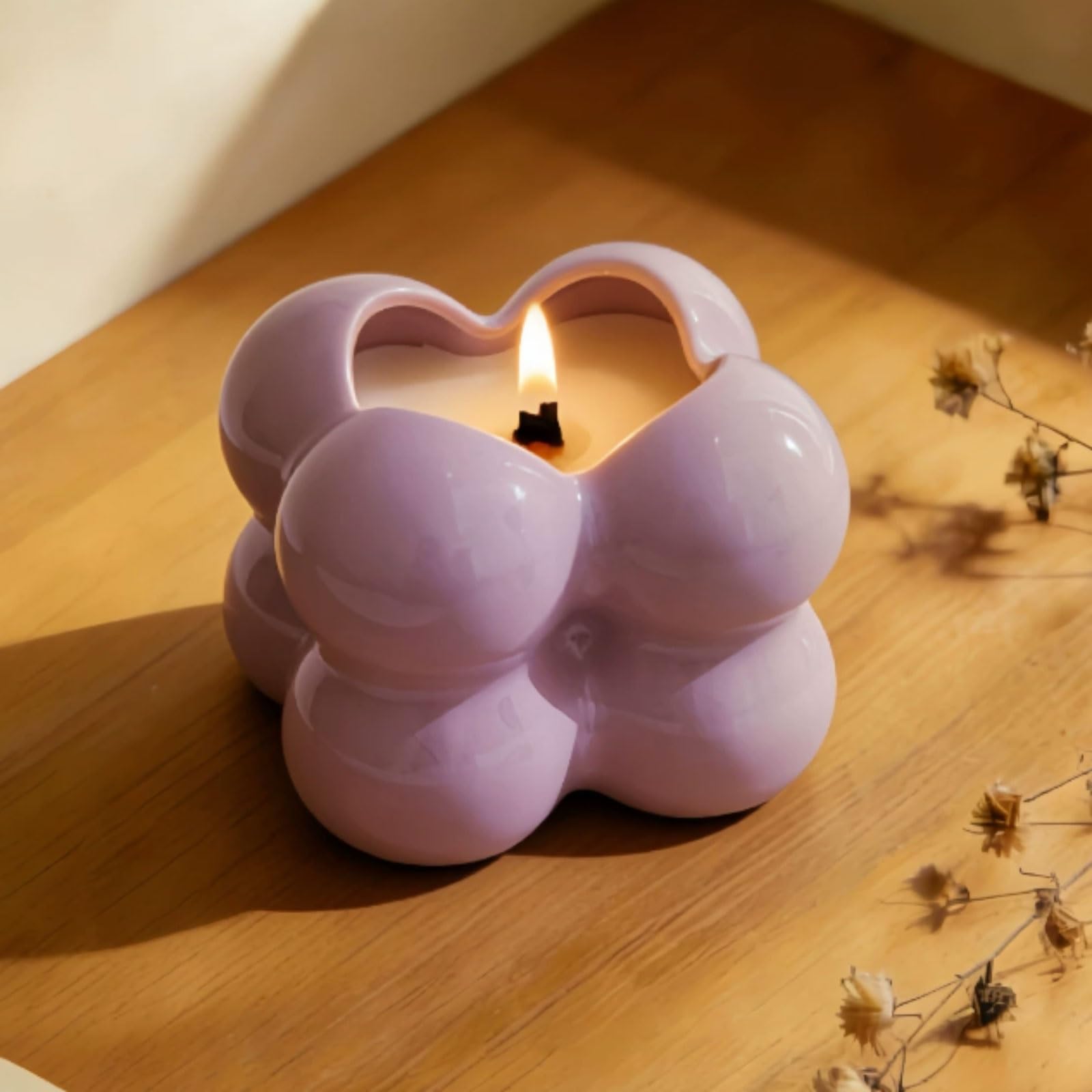 Exquisito Velas de cerámica hechas con cera de soja y aceites esenciales botánicos, vela de aromaterapia reutilizable, color morado de larga duración meloso(Pear Freesia)