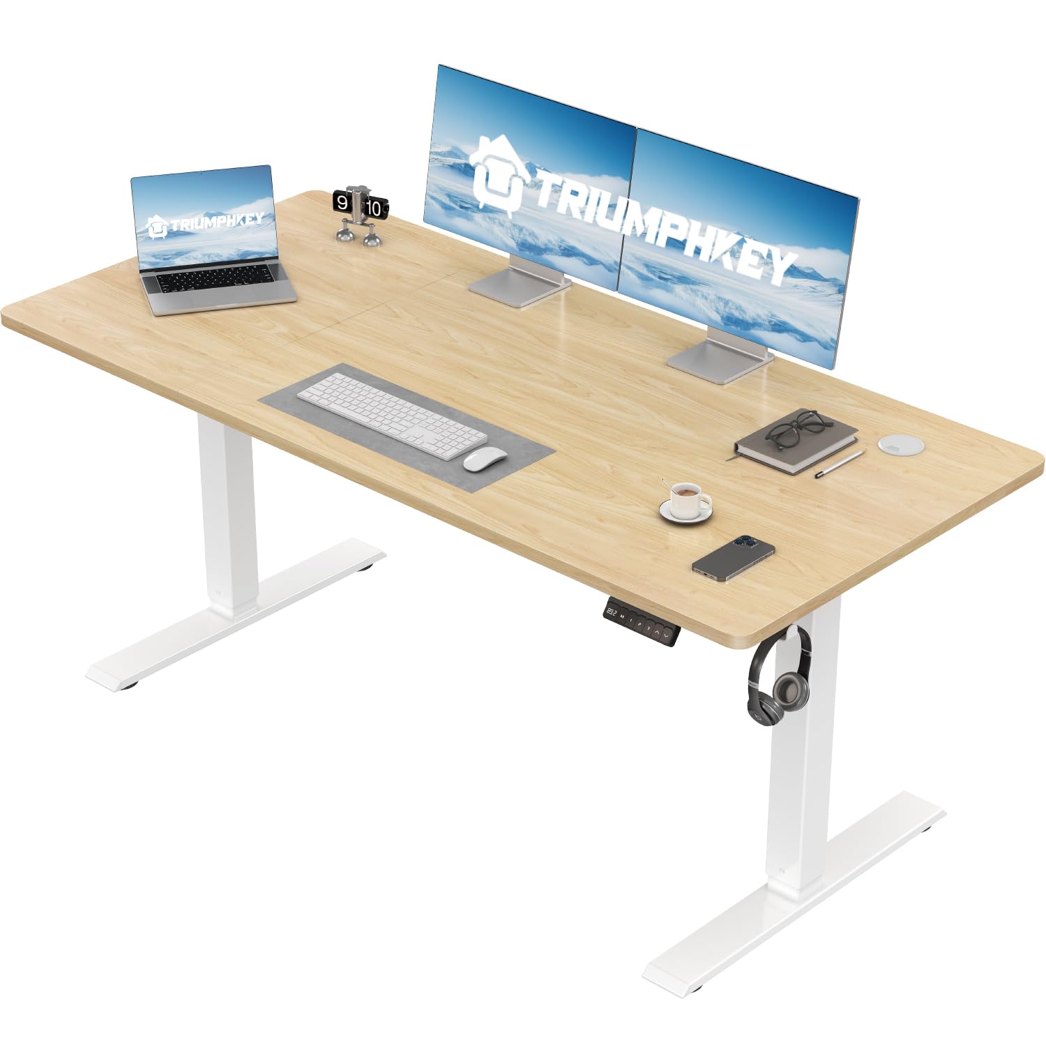 TRIUMPHKEY Escritorio Elevable Eléctrico 110x60cm, Mesa Escritorio Elevable con 3 Memorias, Pantalla LED y Ajustable en Altura Suave, Mesa Elevable Escritorio en Arce