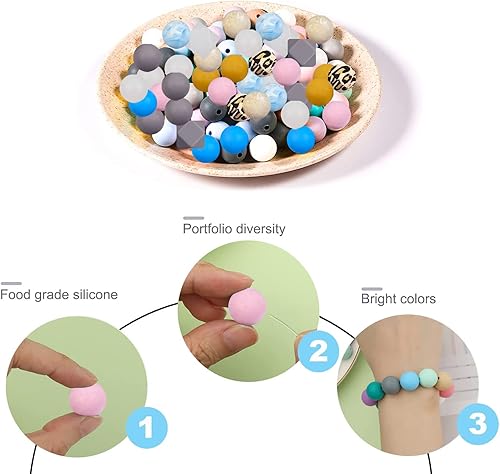 Miniatura 5 de Cuentas de silicona de 0.591 in, 100 cuentas redondas de silicona a granel para hacer llaverosjoyas, surtidos de cuentas y kit de cuentas