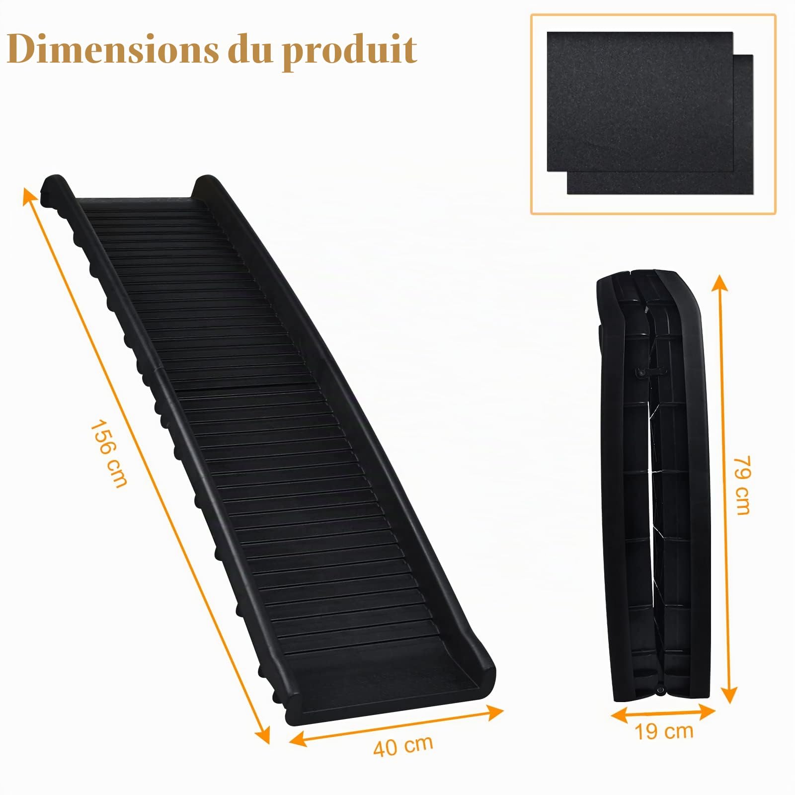 UISEBRT Rampe de coffre pliable pour chien - Rampe de coffre pour animaux de compagnie - Antidérapante et robuste - Jusqu'à 90 kg - 156 x 40 cm - Noir