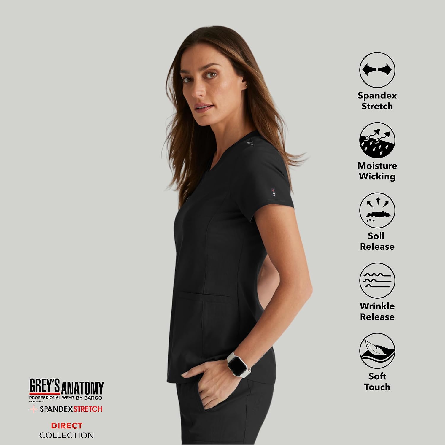 BARCO Grey's Anatomy Spandex Stretch Direct - Bolt Scrub Top for Women, V-Neck Women's Scrub Top