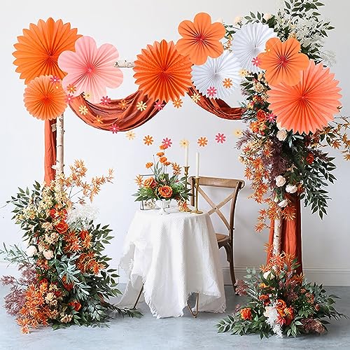 Image of SUNBEAUTY Paper Flowers Decorations for Wall, Spring Pink and Orange Party Decorations, Orange Pink Groovy Paper Fans Classroom for Wall Hanging Decor for Office Baby Shower Bulletin Board, Set of 9