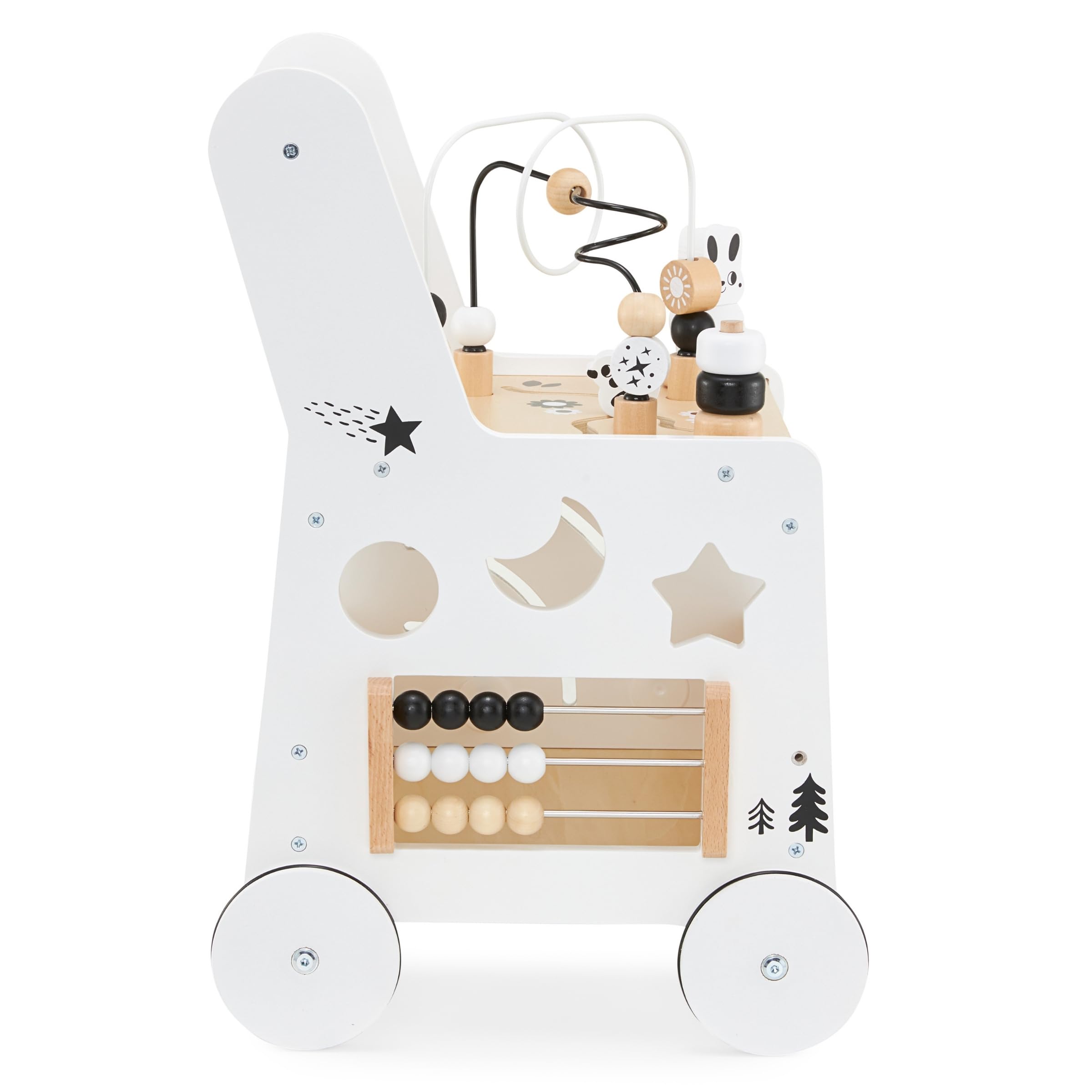 Mamabrum Caminadora y Andador Bebé 6 en 1 - Mesa Educativa de Madera con Ábaco, Engranajes y Juegos - Centro de Actividades para Primeros Pasos - 31 x 28 x 49 cm