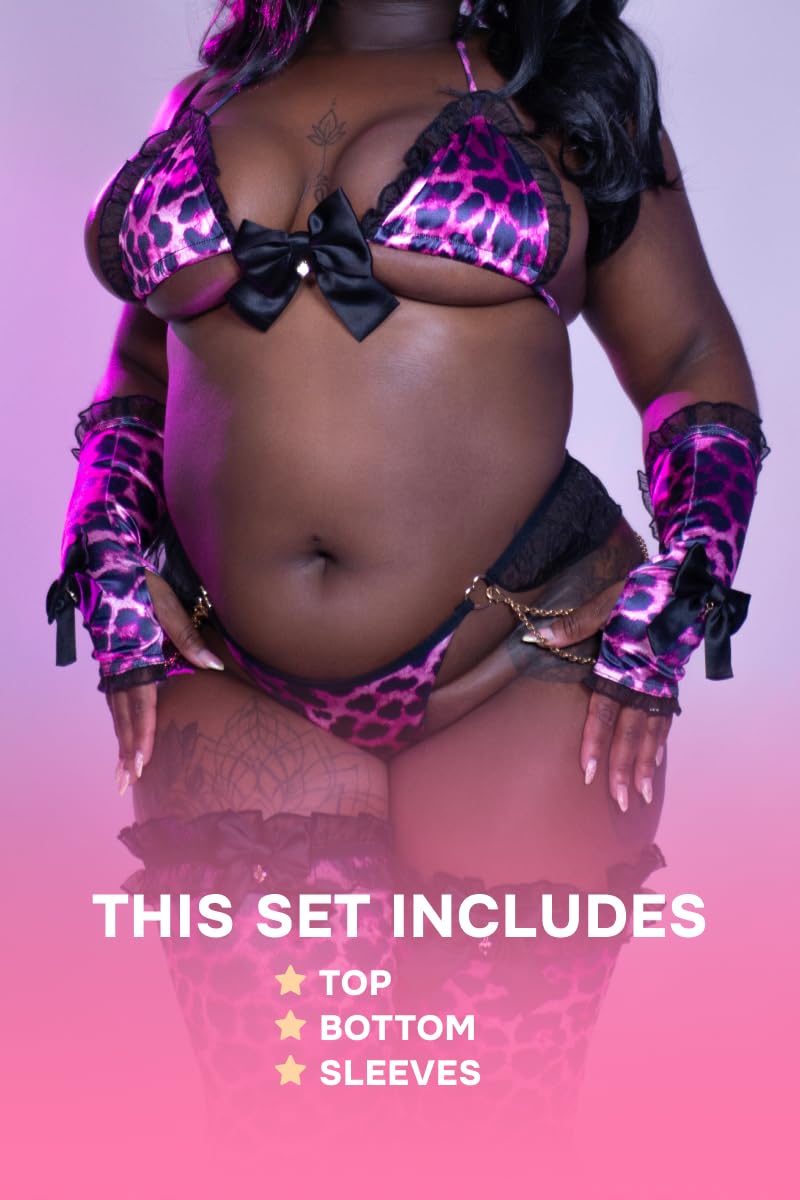 MOEFLAVOR Gyaru Leopard Print Satin Bikini Set – Kawaii Anime Cosplay Outfit – Japanese Gyaru Style – Lingerie for Women: Pink Small-Medium