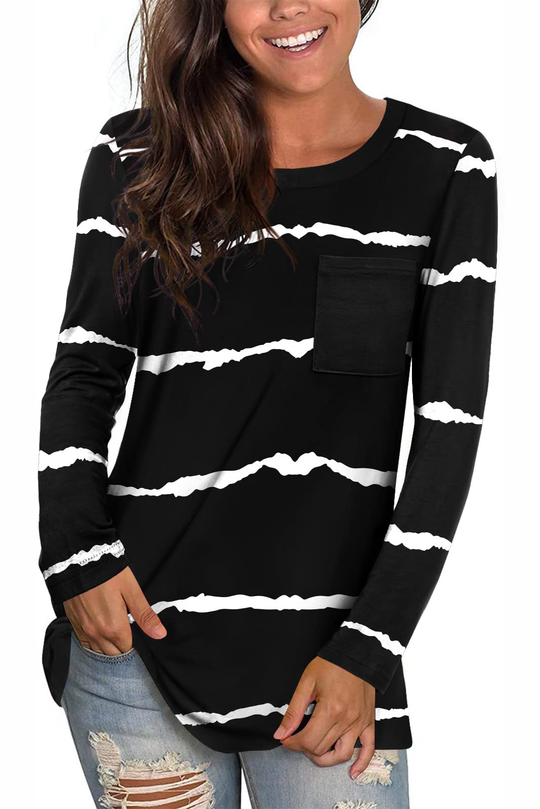 HOTGIFTWomens Fall Winter Tunic Tops Long Sleeve Crewneck T-Shirts Loose Comfy Soft Blouse with Pocket