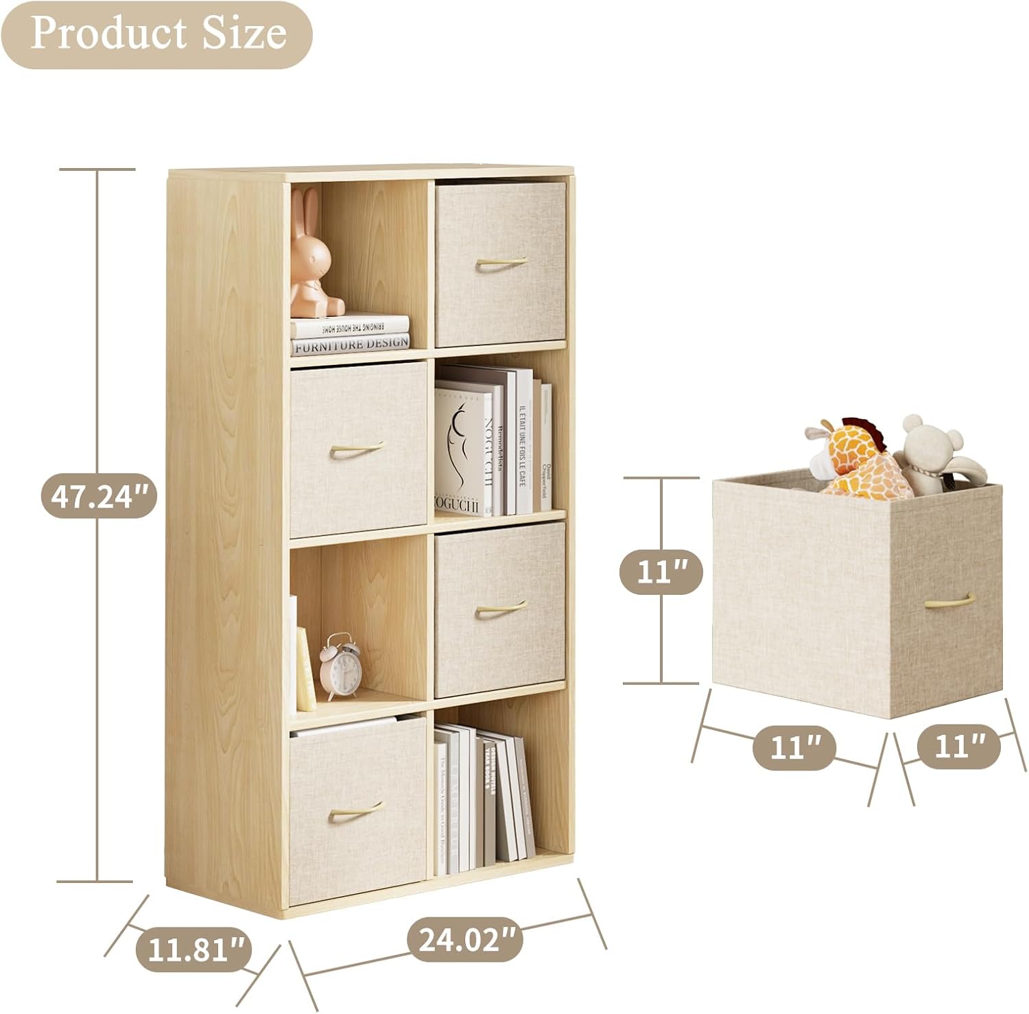 8 Cube Storage Organizer - Solid Wood Bookshelf with 4 Storage Bins, Cube Shelf with 2 Removable Back Panels, Vertical or Horizontal Bookcase, Open Book Shelf for Bedroom, Living Room, Office - Image 2