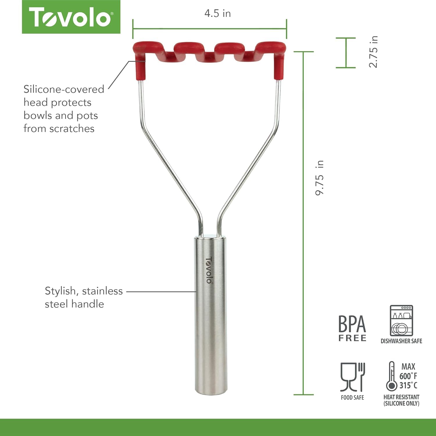 Tovolo Kartoffelstampfer aus Silikon, Edelstahlgriff & Kern, Lebensmittelstampfer Küchenutensilien, Gemüsepresse & Avocado-Mischer, Kratzfest & Hitzebeständig