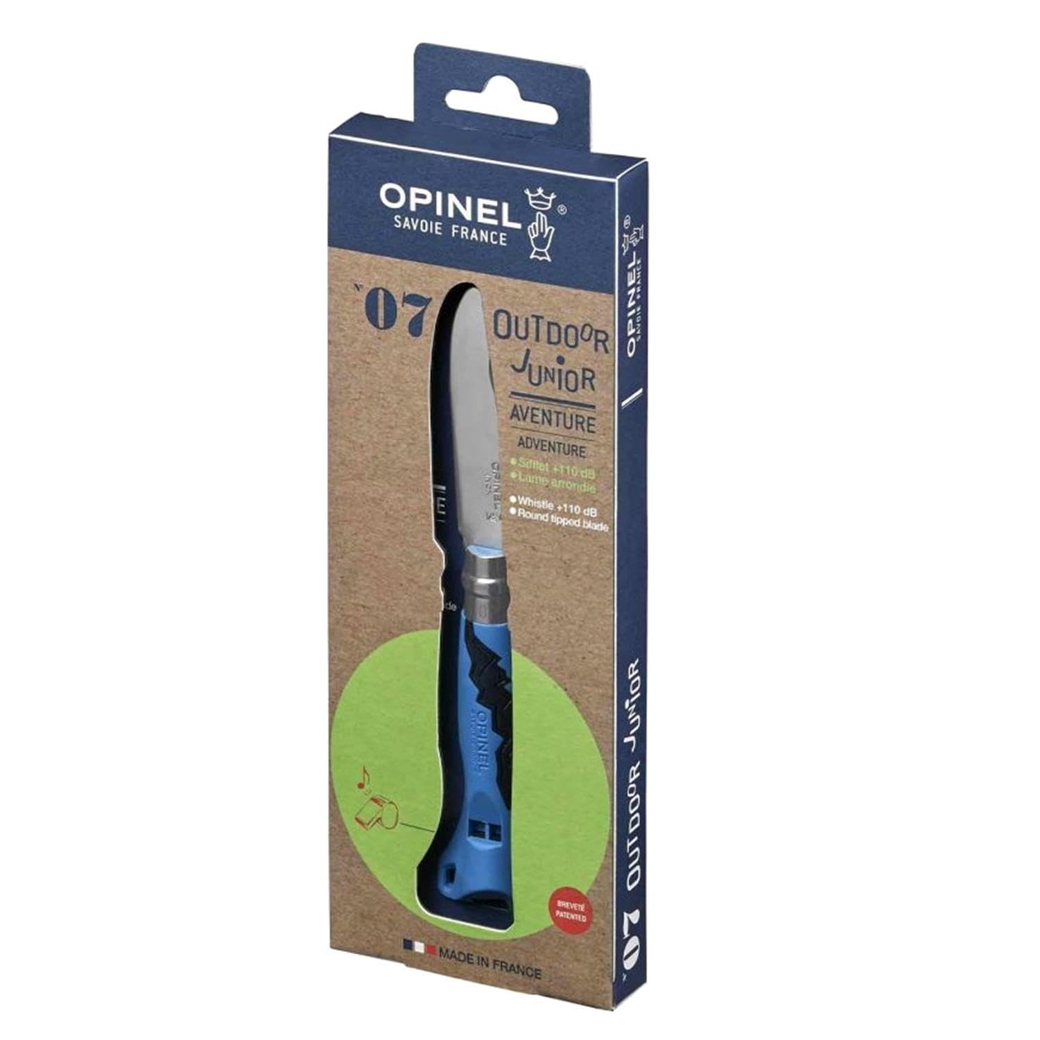 Opinel Outdoor Junior Kindermesser mit Kunststoffgriff | persönliche Gravur | vorne abgerundete Spitze | rostfrei | Signalpfeife | Virobloc | Geschenk (blau)