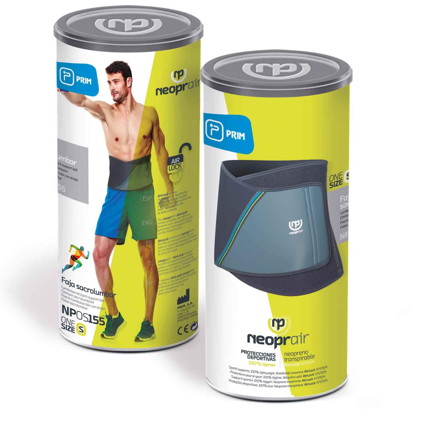 PRIM NEOPRAIR | Faja/Banda Sacro Lumbar | Hombre/Mujer | Lumbalgias agudas y crónicas | Uso deportivo | Neopreno | Talla única | Color Gris y Azul