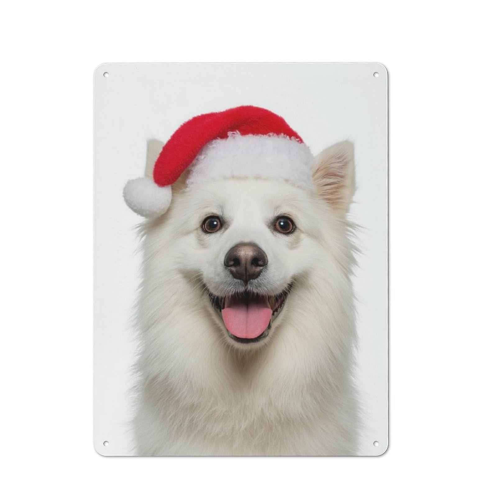 Junmoney American Eskimo Dog With Santa Hat Portrait Rustic Metal Plaque 40X30cm For Lounge Or Reading Corner, For Home Office, Studio And Craft Room Walls