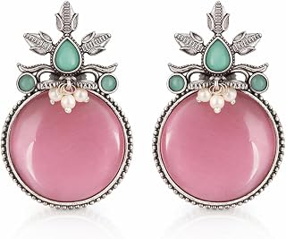Vistaras Oxidised Statement Earrings for Women | Pink Stone Round Drop Earrings with Green Stones & Pearl Work | Antique S... Price In India