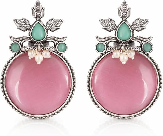 Vistaras Oxidised Statement Earrings for Women | Pink Stone Round Drop Earrings with Green Stones &amp; Pearl Work | Antique S...