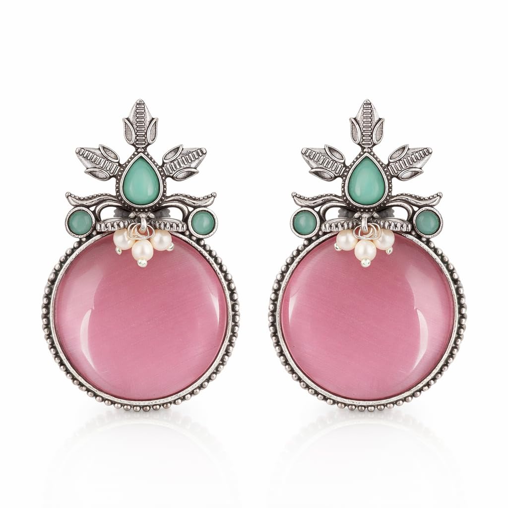 Vistaras Oxidised Statement Earrings for Women | Pink Stone Round Drop Earrings with Green Stones & Pearl Work | Antique S... - Review, Price and Buying Guide