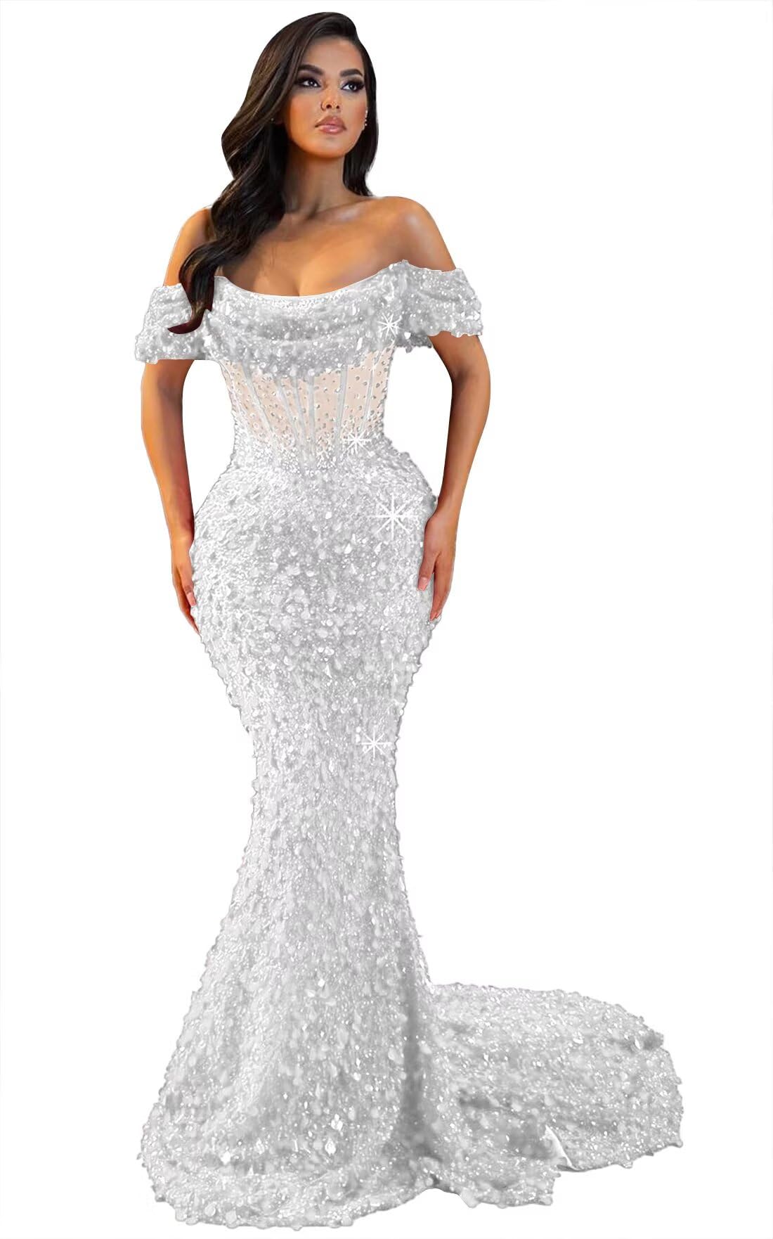 Mermaid Prom Dresses for Women Sparkly Sequins Prom Dress with Train Off Shoulder LW123