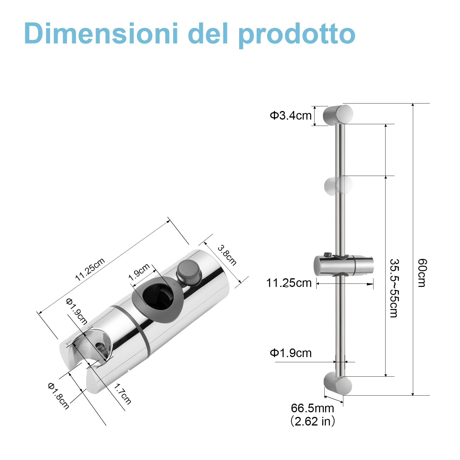 OFFO Saliscendi Doccia 60 cm,Asta Doccia a Parete,Distanza Regolabile da 26 a 59 cm,con Sali Scendi per Doccia,Asta Doccia Saliscendi di Ricambio,Cromo