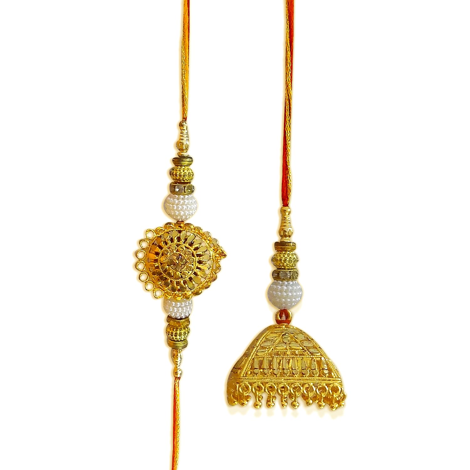 Royal Golden Designer Bhaiya Bhabhi Lumba Rakhi Set with Traditional Jhumki Charm & Elegant Festive Beads-image-15
