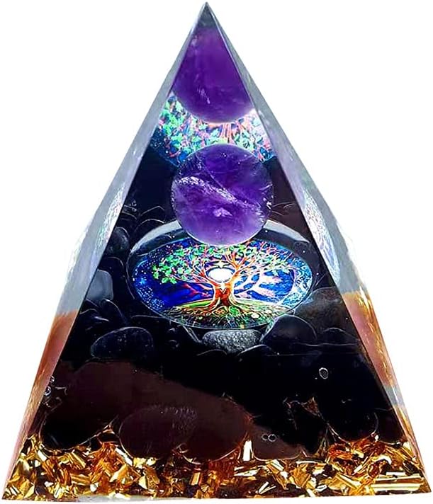 Obsidian Pyramid Ogan Crystal Energy Tower, Nature Reiki Chakra Crushed Stone, Amethyst Ball Crystal Orgone Pyramid Crystal Pyramid of Courage Healing Throat Chakra Stress Relaxation