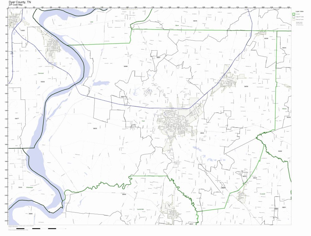 Dyer County, Tennessee TN ZIP Code Map Not Laminated
