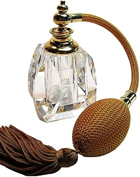 Genuine Crystal Perfume Refillable Empty Atomizer Bottle With Bulb And Tassel Sprayer Attachment. Brown gold bulb and tassel color