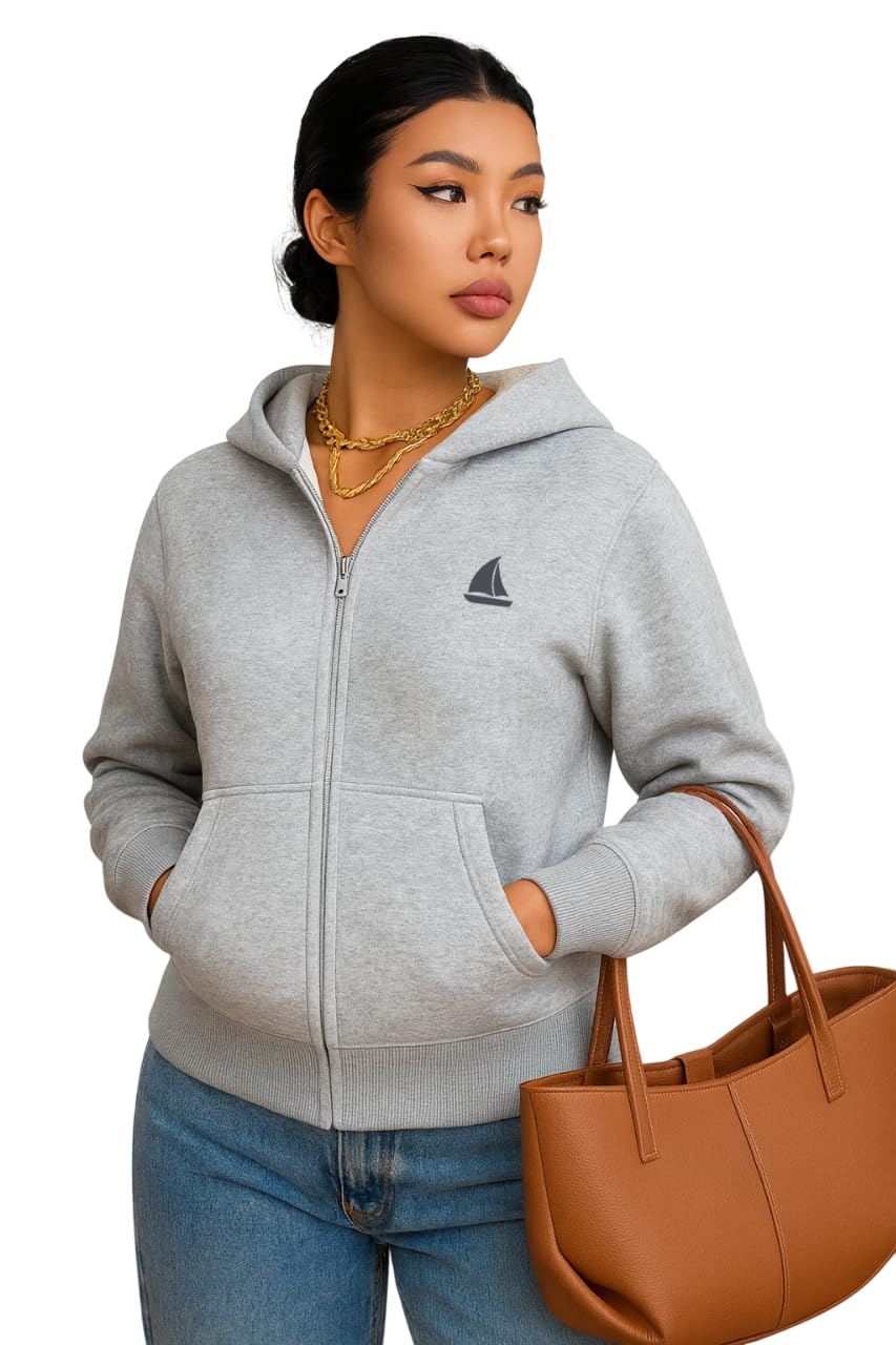 the dry state Women Zip-Up Hoodie, Basic Fit Hooded Sweatshirt with Zipper | Grey Melange - Size L-picture-16
