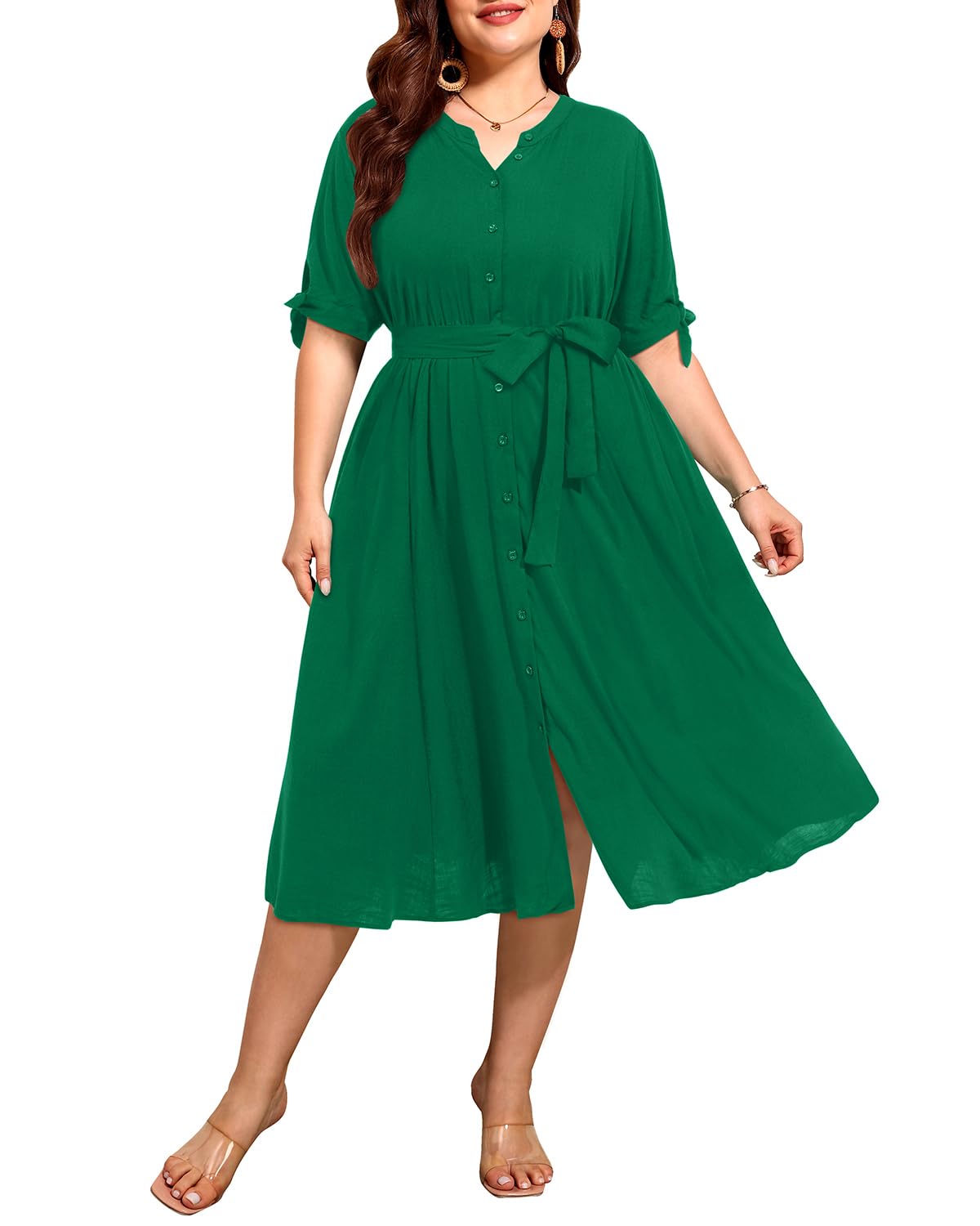 Pinup Fashion Summer Work Dress Plus Size - Office Casual Business Button Front Midi Dress with Pockets