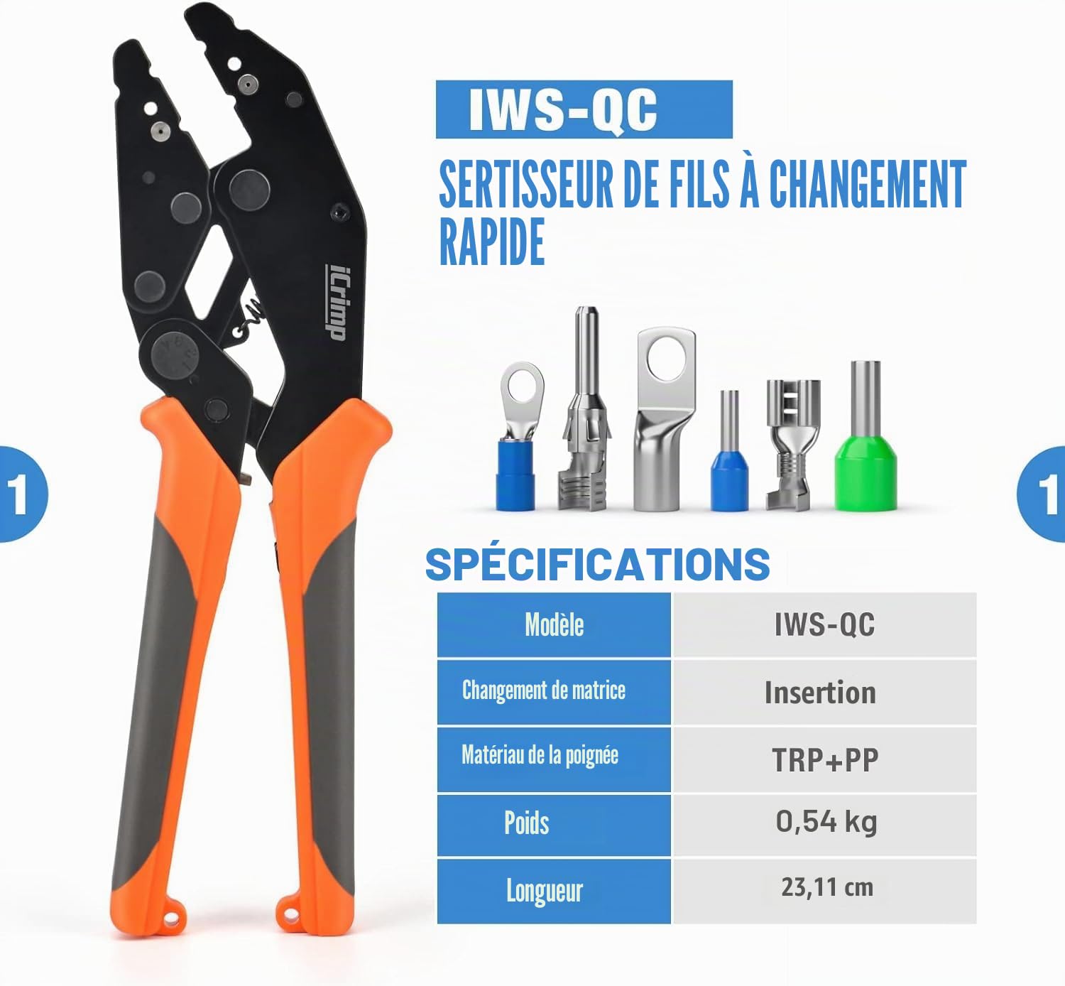 iCrimp IWS-QCKIT Kit sertissage 8 pièces avec matrices interchangeables | Pince à sertir à cliquet avec dénudeur pour cosses isolées, non isolées et embouts