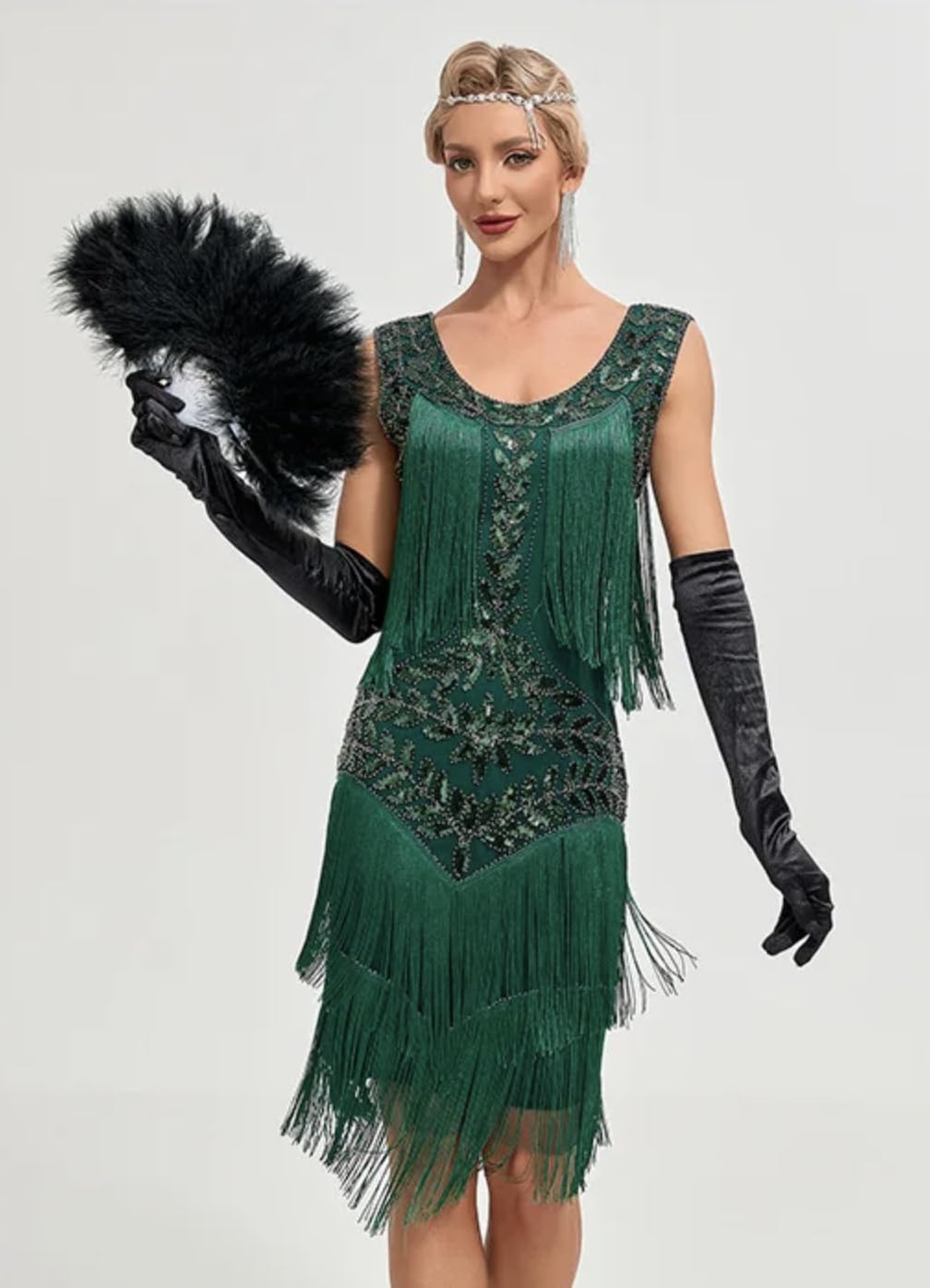 MIMIKRY 20er Jahre Flapper Damen Kostüm Grün Fransen-Kleid mit Pailletten und 4-tlg. Pfau Zubehör-Set