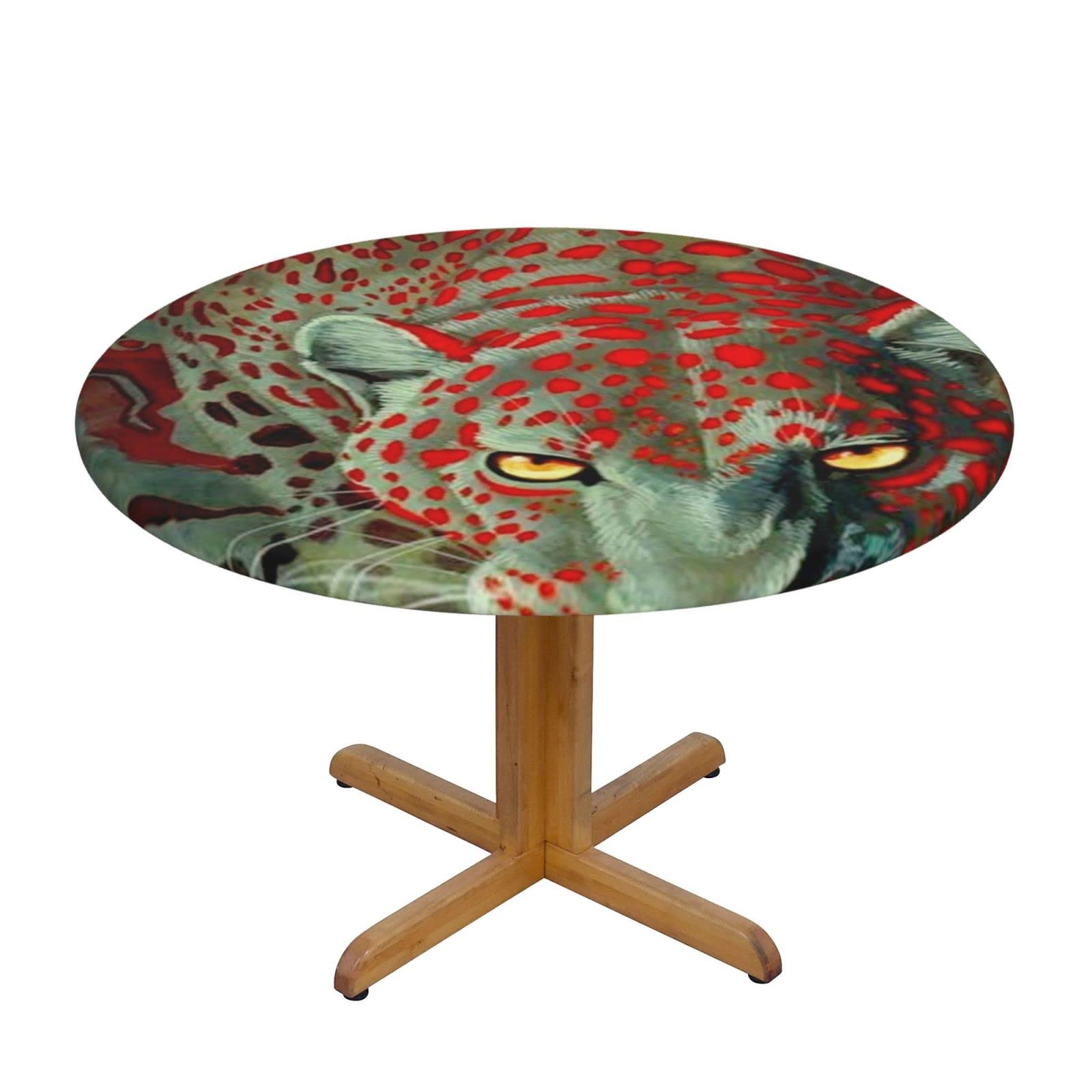 Lsjuee Round Fitted Tablecloth 45-50in Elastic Edged Table Cloth for Kitchen Dining Party Home Decor - Leopard Animal Skin Red