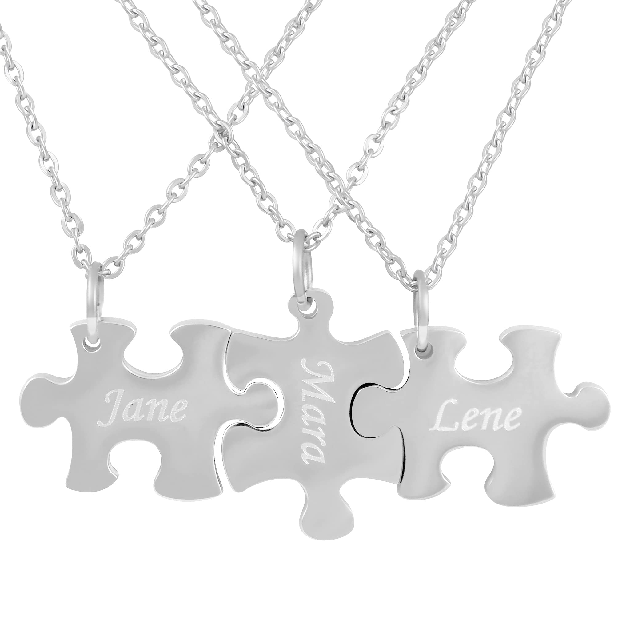 3 Stück Personalisierte Kette mit Gravur Edelstahl 60 cm mit Anhänger Puzzle Teil 3 Teile in Silber - Personalisierte BFF Geschenke Freundin Freund Freundschaft - Halskette personalisiert