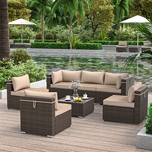 Vonzoy Outdoor Patio Furniture Set 7 Pieces Sectional Rattan Sofa Set, Pe Rattan Wicker Patio Conversation Set With 6 Seat Cushions And 1 Tempered Glass Table And Furniture Cover, Brown #TOP1