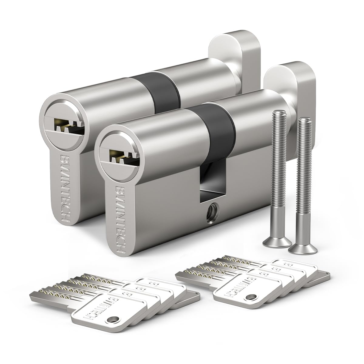 Bwintech 2 Pcs 30T/30mm Euro Cylindre en laiton, 60mm Thumbturn/Key Barrel Lock avec 10 clés horizontales en laiton,anti-crochetage, anti-perçage, anti-claquement, anti-choc, nickel satiné