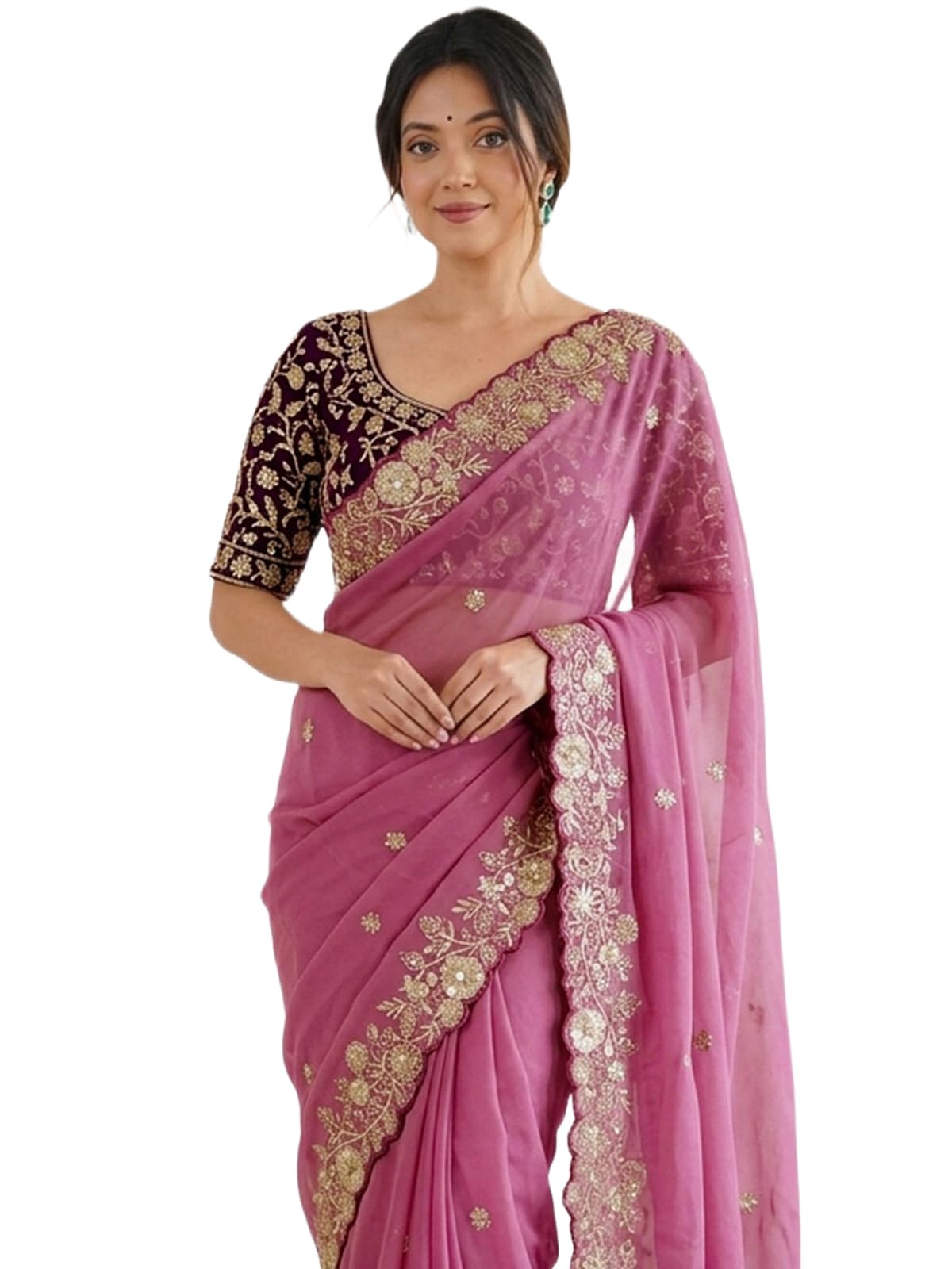 SIRIL Women's Shimmer Georgette Scalloped Border Sequins Embroidery Saree with Unstitched Blouse Piece